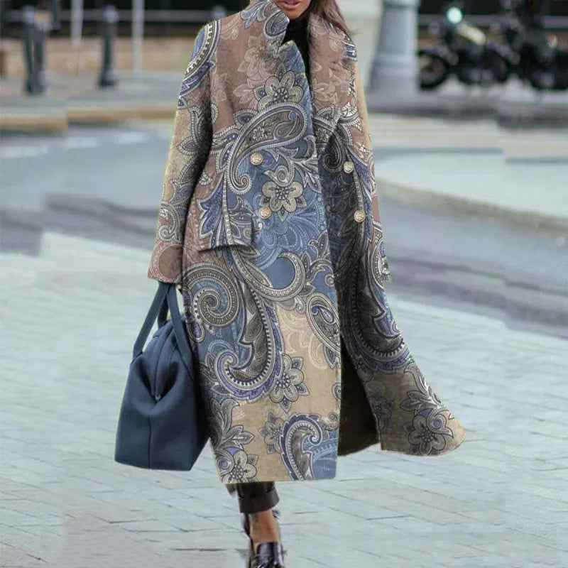 Vintage Printed Long Wool Coat