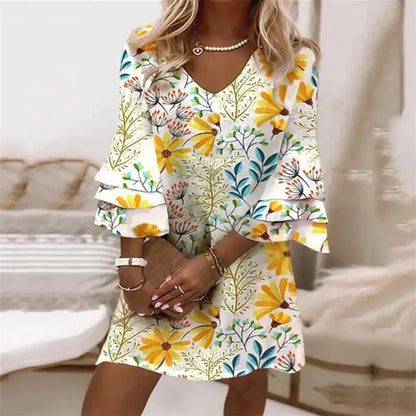 Popular V-Neck 3/4 Sleeve Mini Dress