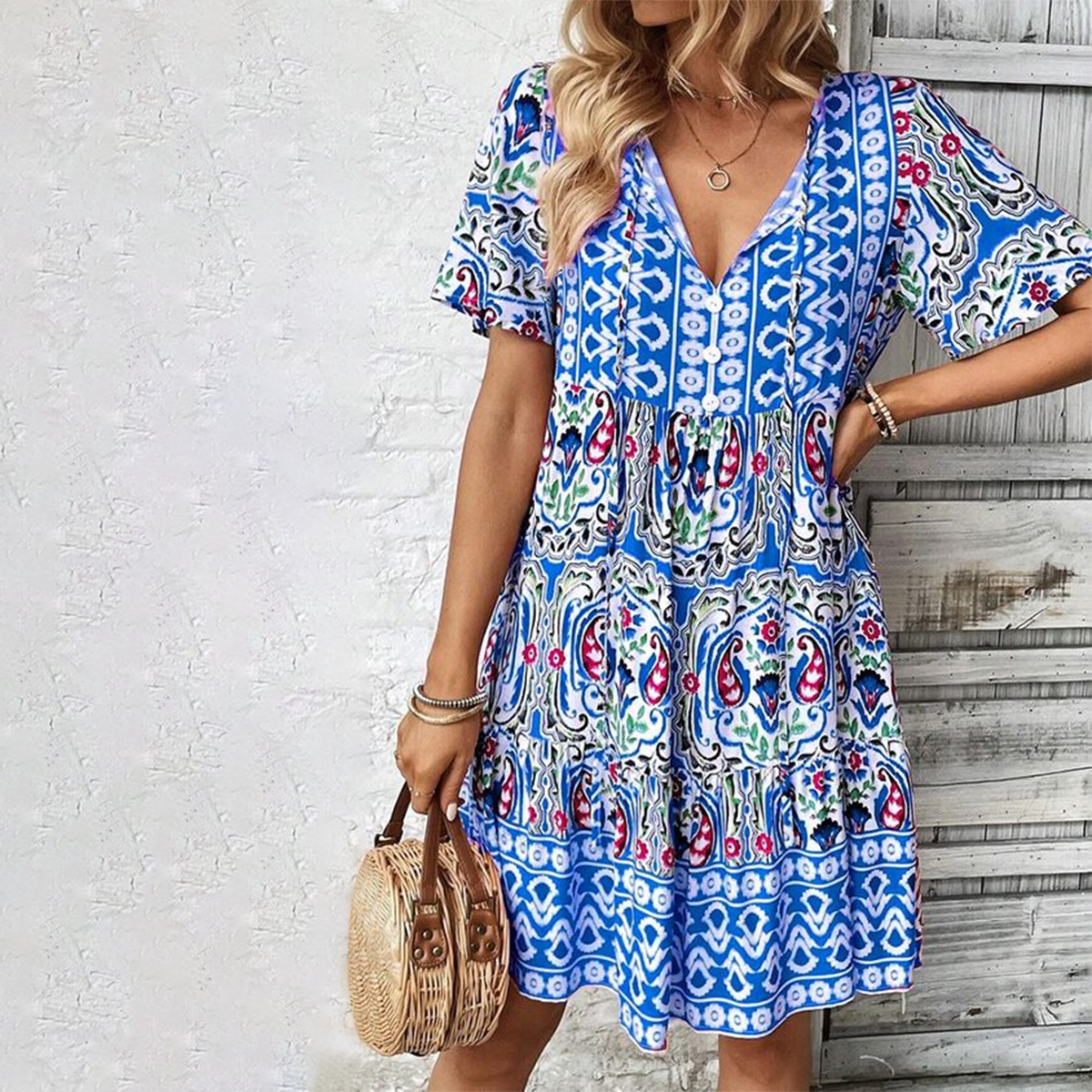 Fresh Blue Short Sleeve Mini Dress