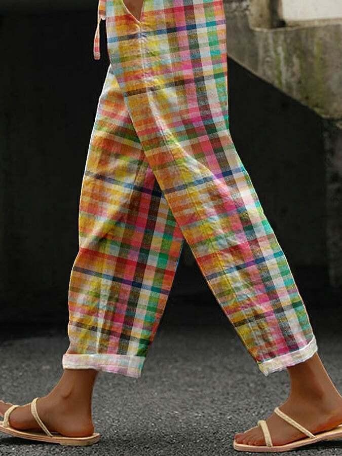 Casual Plaid Drawstring Waistline Pants