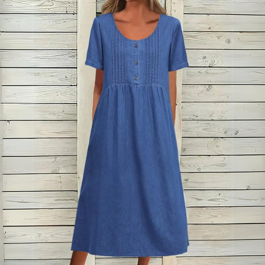 U-Shaped Collar Mid-Length Denim Short Sleeve Dress