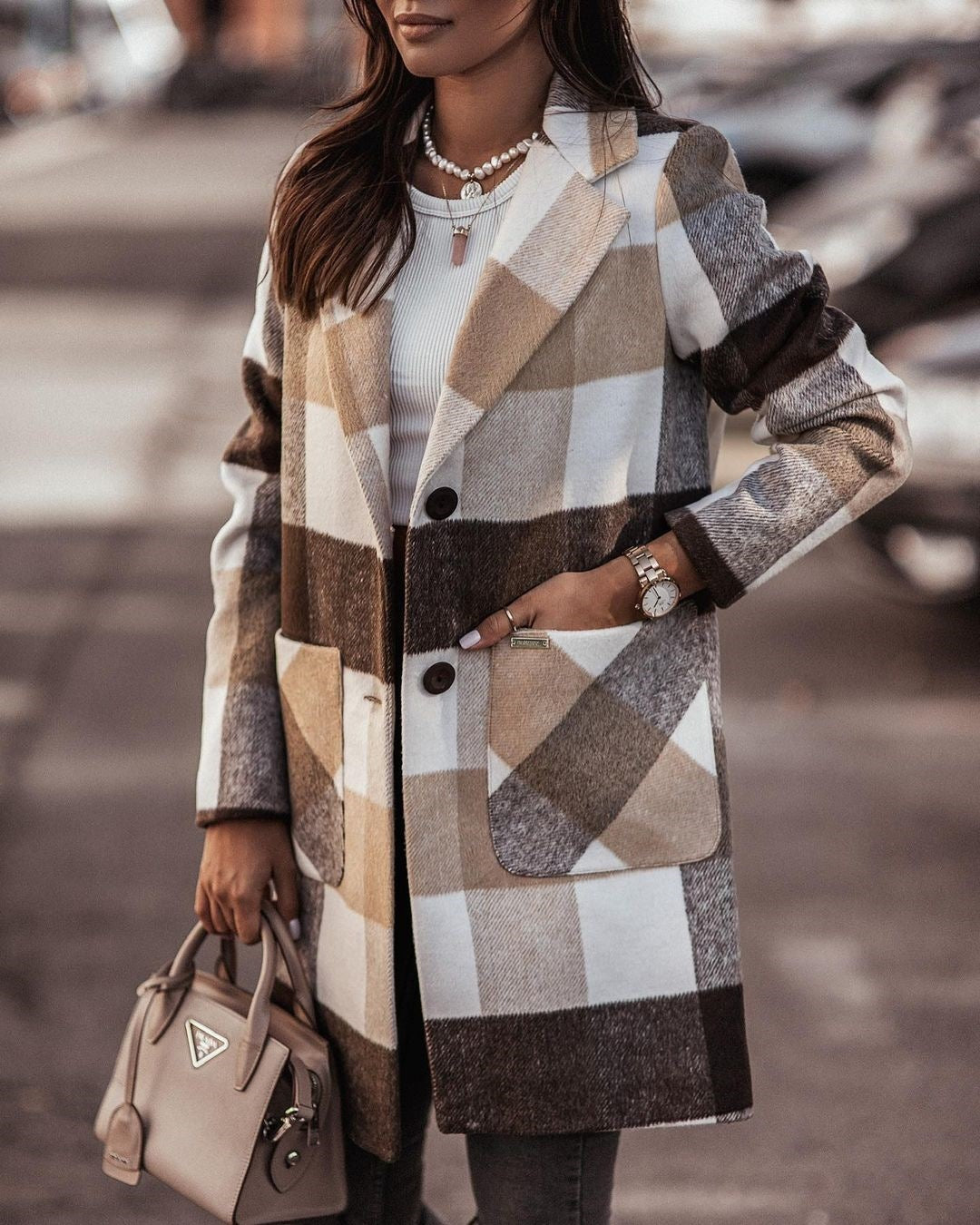 Autumn And Winter Long-sleeved Button-Print Woolen Coat