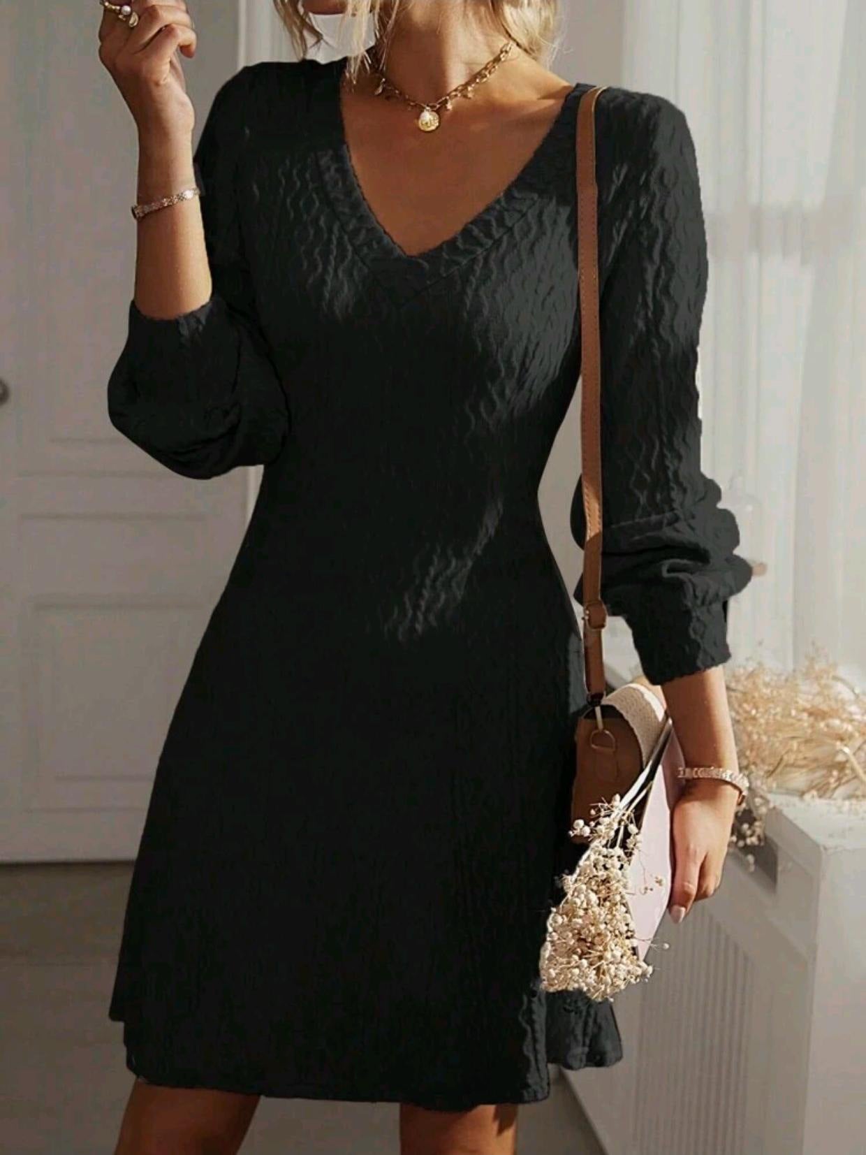 Elegant V-Neck Textured Long Sleeve Dress