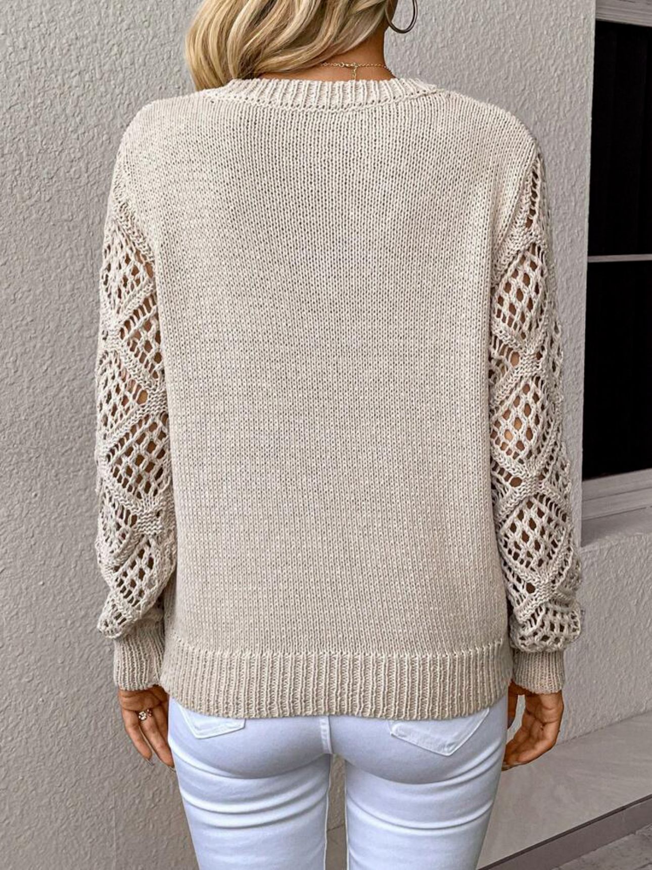 Solid V-Neck Hollow Sleeve Pullover Sweater