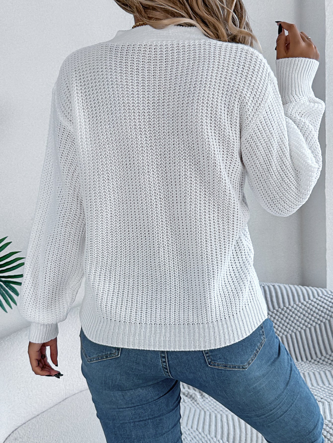 Hollow Out V-neck Twist Lantern Sleeve Pullover Sweater