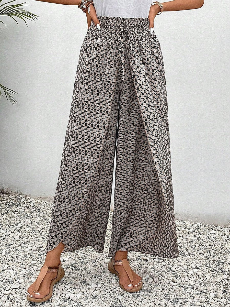 Brown Print Elastic Drawstring Waistband Pants