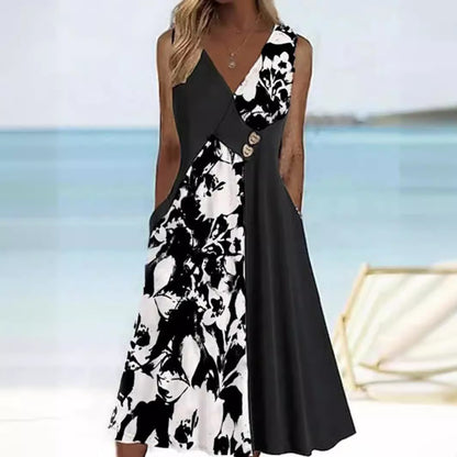 Black and White V-neck Sleeveless Dress