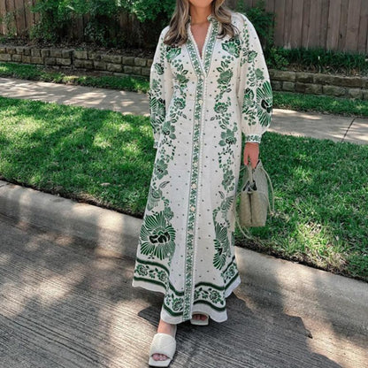 Printed Long Lantern Sleeve V-neck Dress