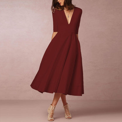 Sexy Deep V Mid-sleeve Large Swing Dress