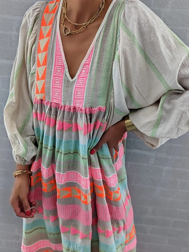 High Waist V-neck Puff Sleeve Printed Dress