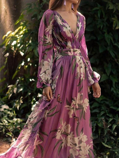 Printed V-neck Long-sleeved Maxi Dress