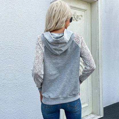 Pullover Hooded Lace Panel Sweatshirt