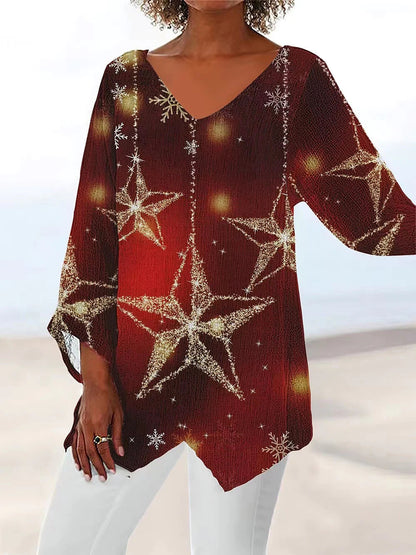 Casual Loose And Irregular Printed Long Sleeve V-neck Top