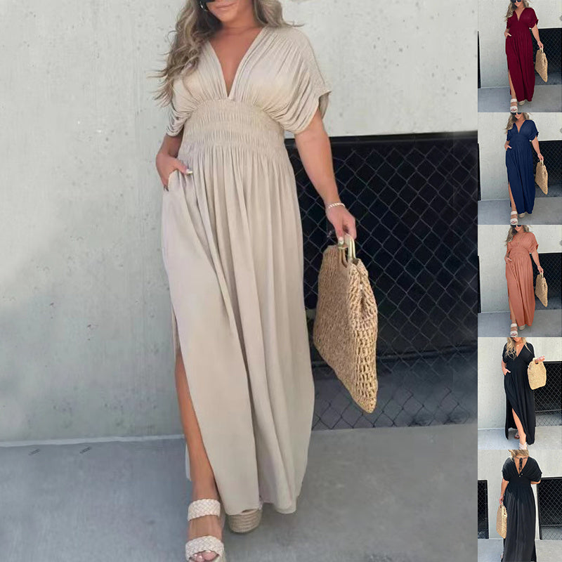 Unique Bat-Sleeved V-Neck Slit Dress