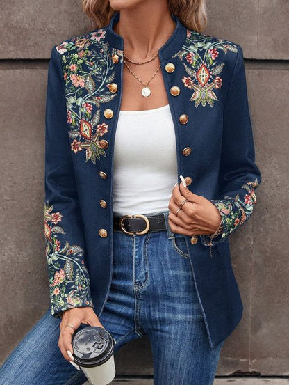 Popular Floral Print Collarless Outerwear