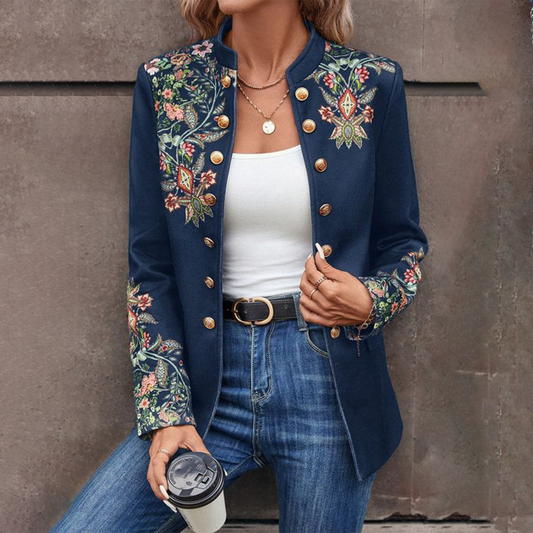 Popular Floral Print Collarless Outerwear