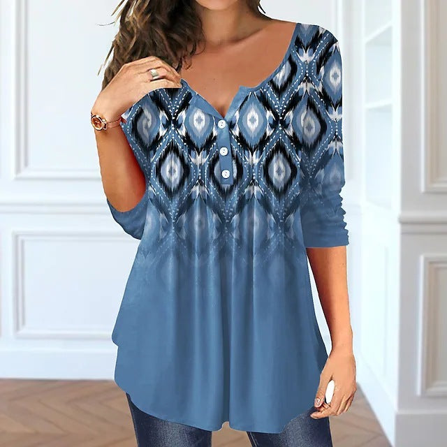 Summer Loose V-neck Button Printed T-shirt