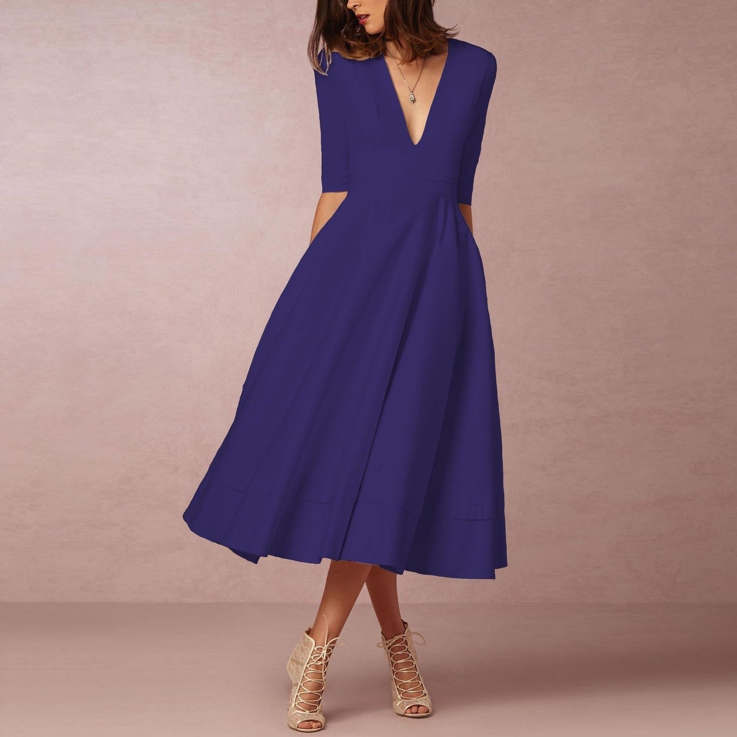 Sexy Deep V Mid-sleeve Large Swing Dress