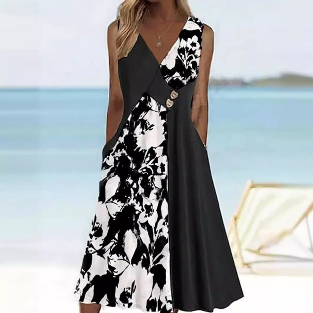 Black and White V-neck Sleeveless Dress