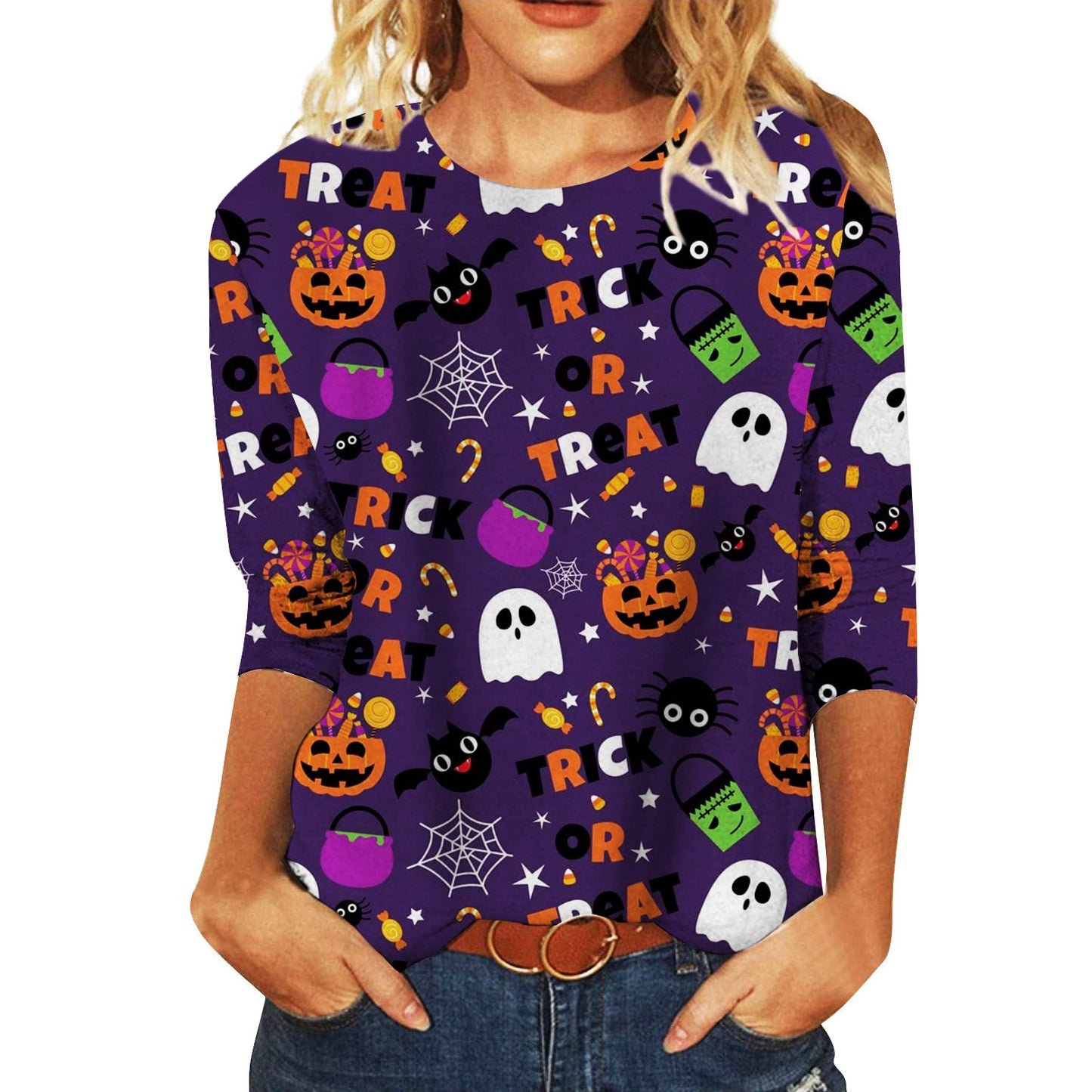 Halloween Themed Round Neck Long Sleeve T-Shirt