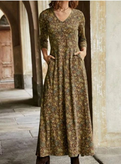 Vintage Print V-Neck Pocket Long Sleeve Maxi Dress