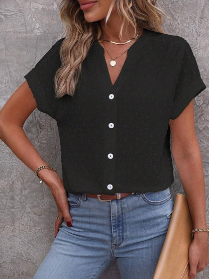 Basic Black Button Front Rolled Sleeve Blouse Top