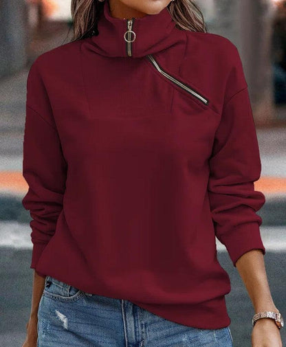 Cozy Solid Zipper High Neck Casual Loose Sweater