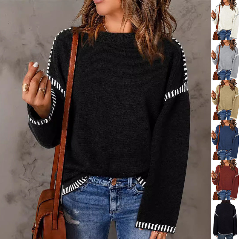 Loose Solid Round Neck Pullover Long Sleeve Top