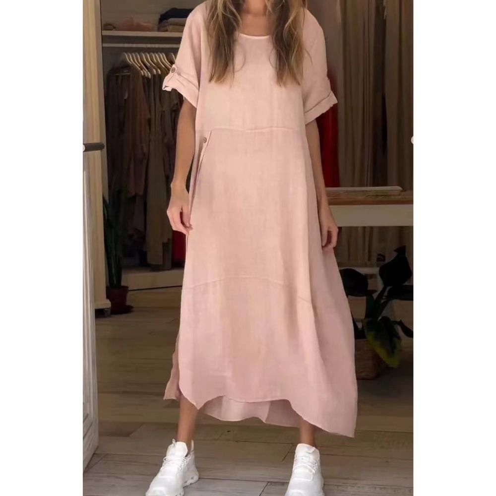 Loose Casual Solid Color Short Sleeve Cotton And Linen Dress