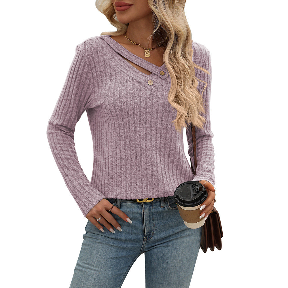 Casual Loose V-Neck Buttoned Stripe T-Shirt