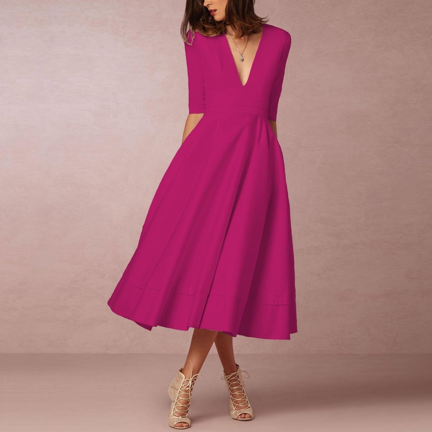 Sexy Deep V Mid-sleeve Large Swing Dress