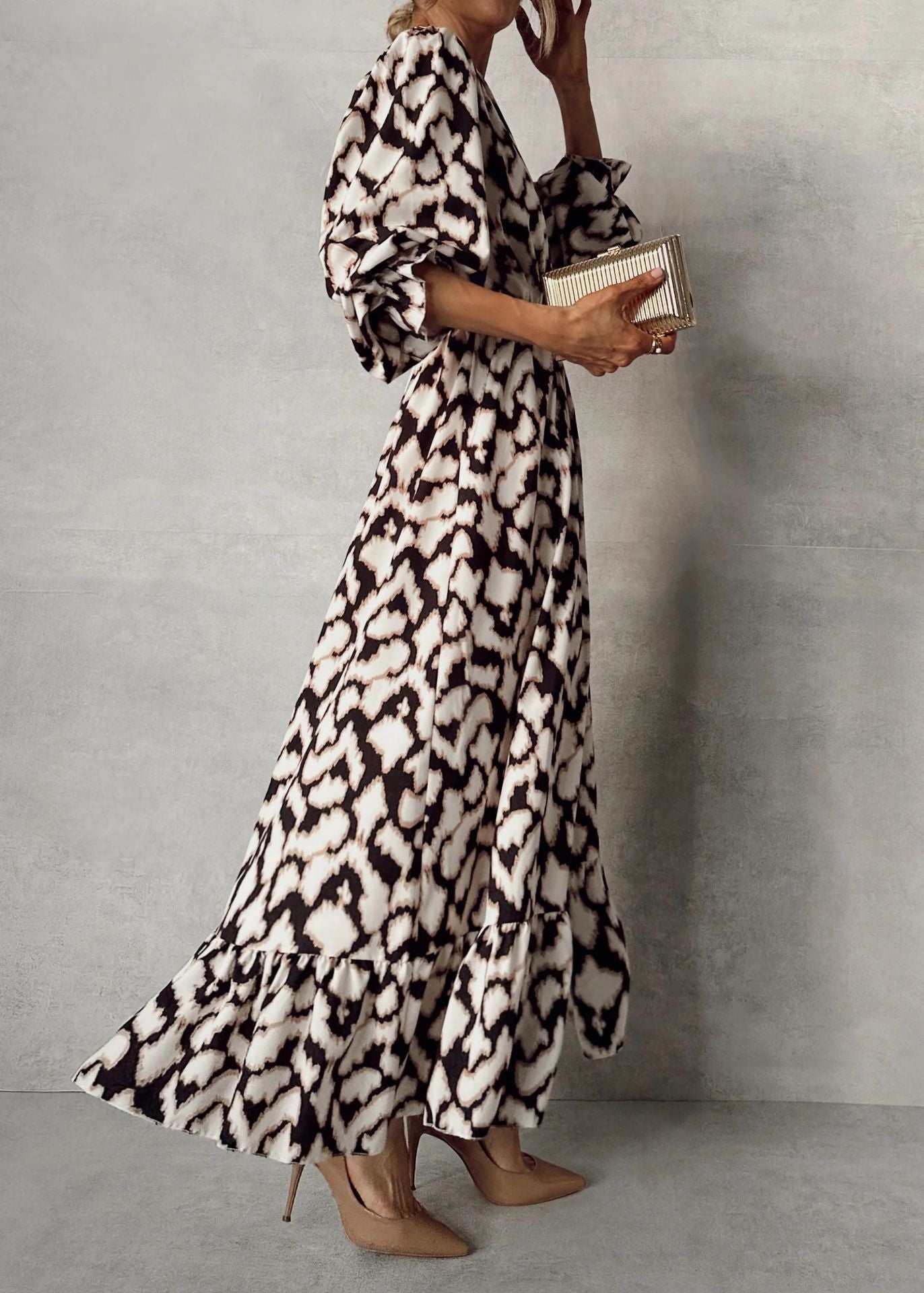 Printed V-Neck Split Ruffled Long Sleeve Maxi Dress