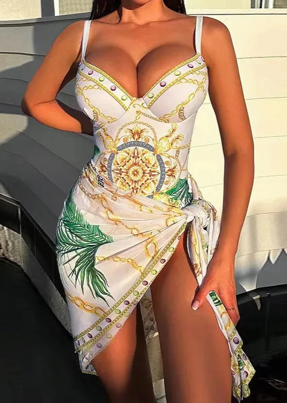 Elegant Print One Piece Two Piece Sleeveless Swimwear