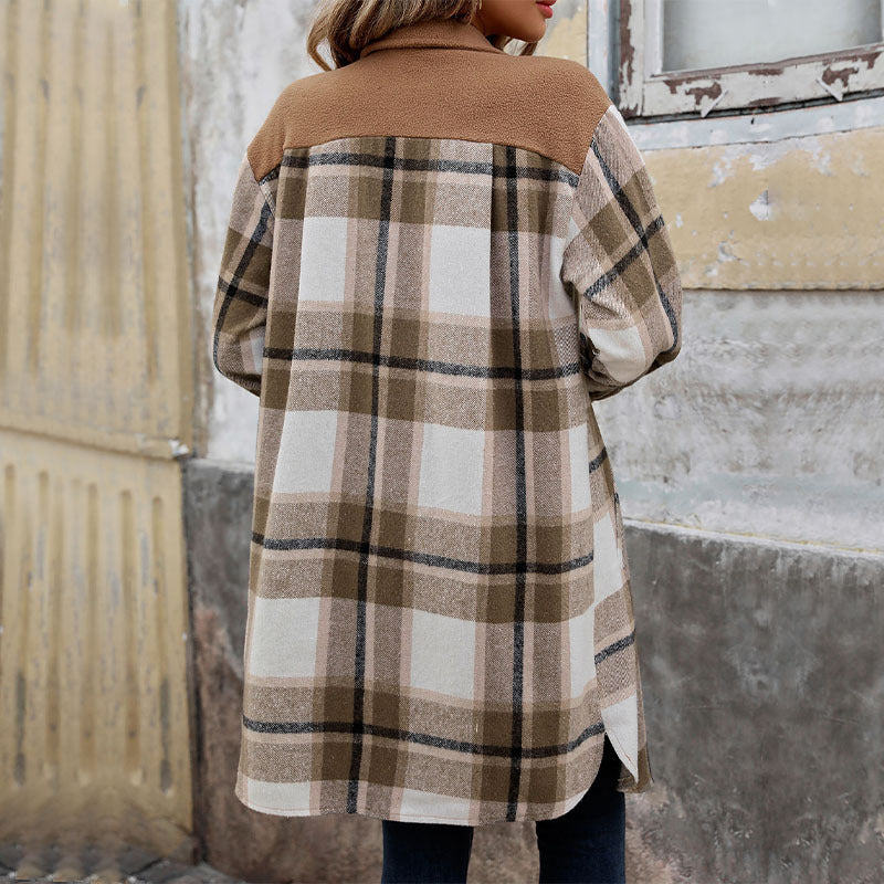 Brushed Plaid Long Coat With Pockets