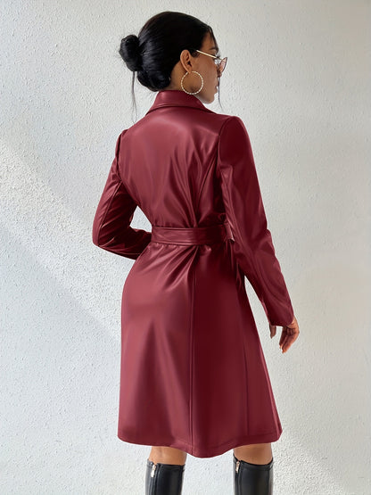 Slim Fit Long Sleeve Lapel PU Leather Trench Coat