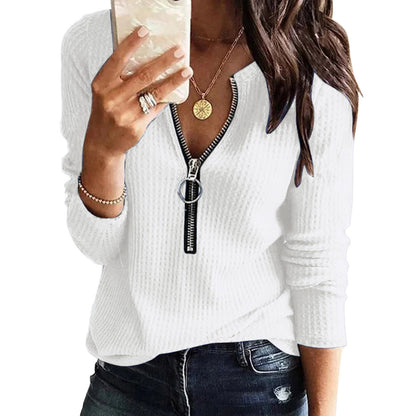 Plain V-Neck Zipper Long Sleeve Top