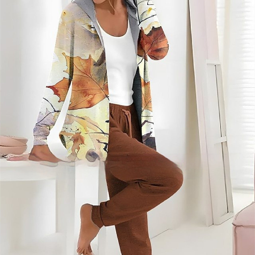 Printed Cardigan Coat and Solid Color Two-Piece Set