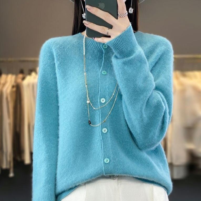 Elegant Wool Round Neck Long Sleeve Cashmere Cardigan