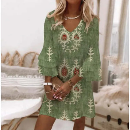 Popular V-Neck 3/4 Sleeve Mini Dress