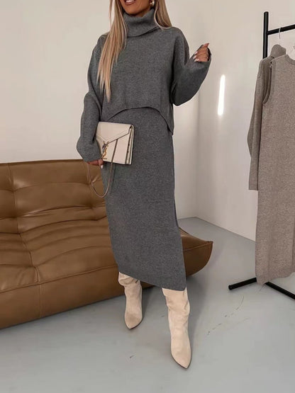 Modern Turtleneck Pullover and Sleeveless Long Dress Set