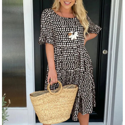 Polka Dot Short Sleeve Round Neck Midi Dress