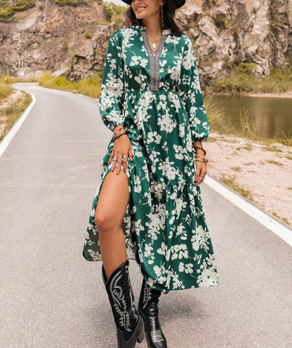 V-neck Floral Print Maxi Dress