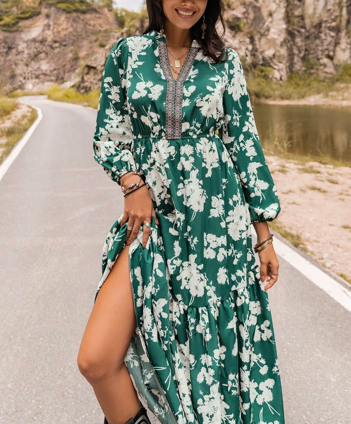 V-neck Floral Print Maxi Dress