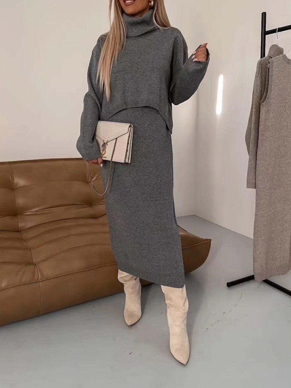 Modern Turtleneck Pullover and Sleeveless Long Dress Set