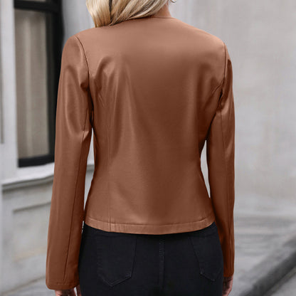 Casual Solid Color Long-sleeve Motorcycle Leather Coat