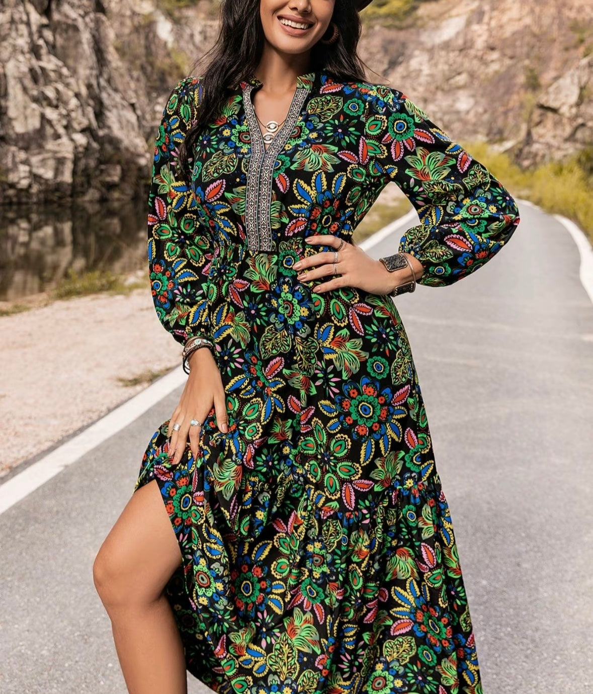 V-neck Floral Print Maxi Dress