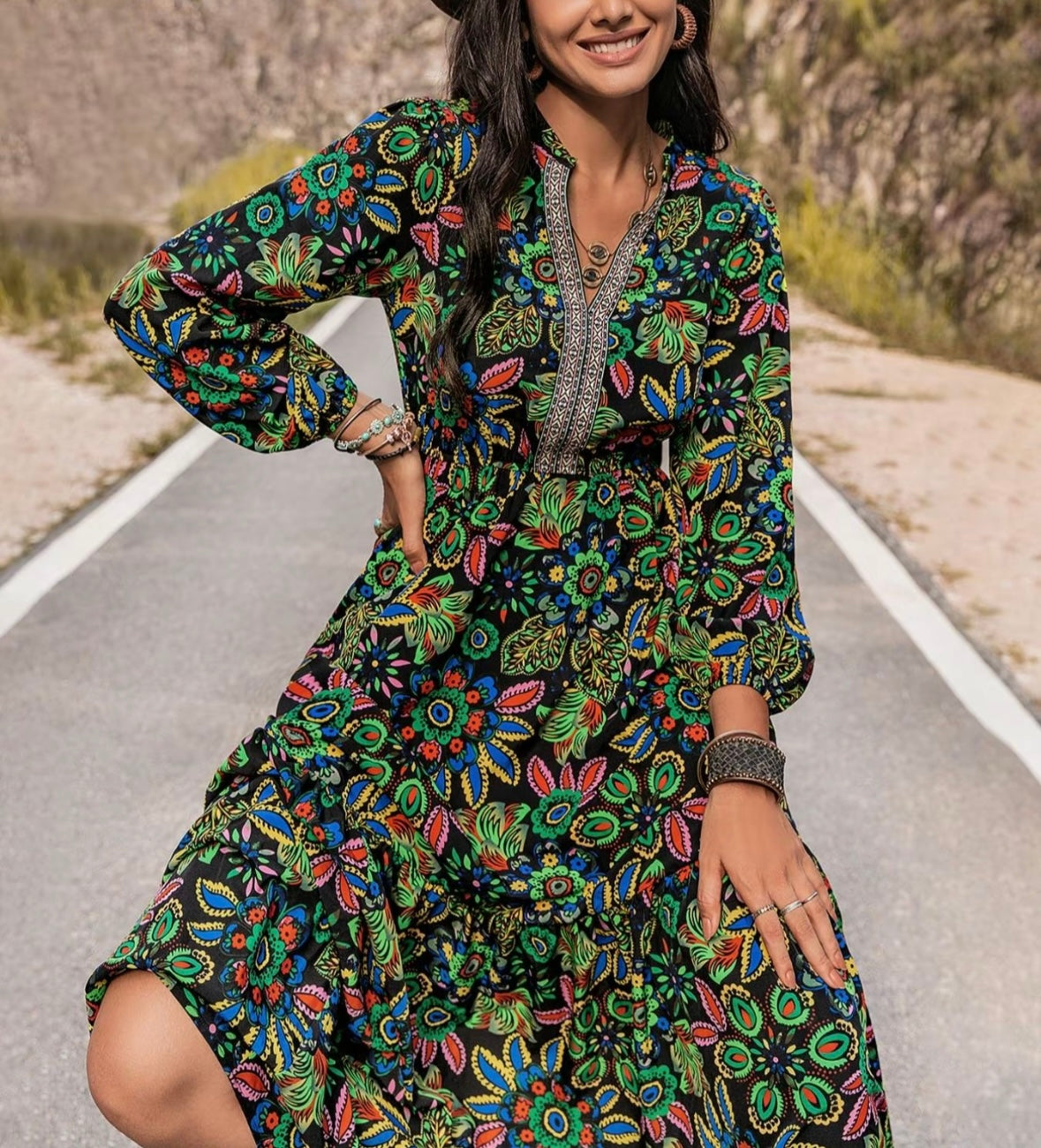 V-neck Floral Print Maxi Dress