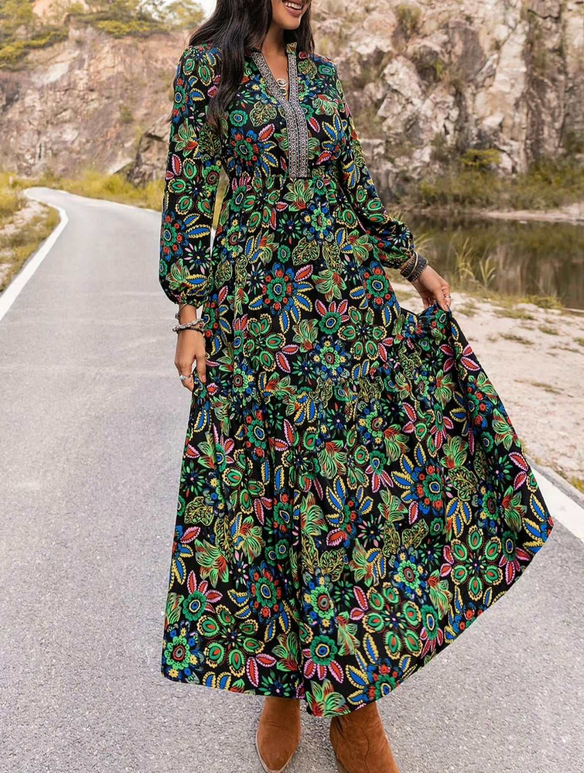 V-neck Floral Print Maxi Dress