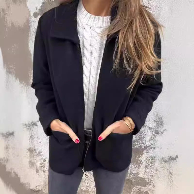 Lapel Zipper Jacket With Pockets Solid Color Coat