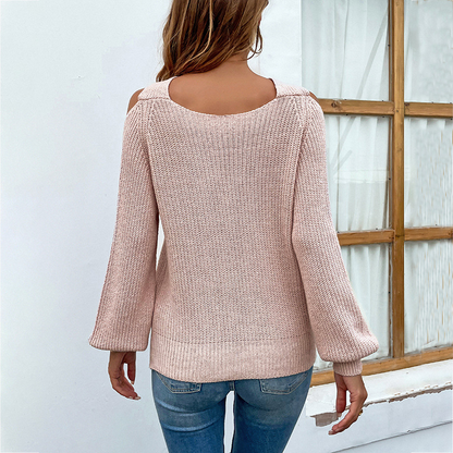 Cross Neck Lantern Sleeve Knit Sweater